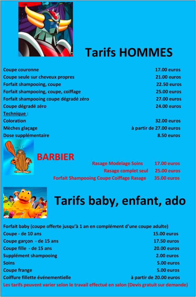 tarifs salon de coiffure pop art septfonds