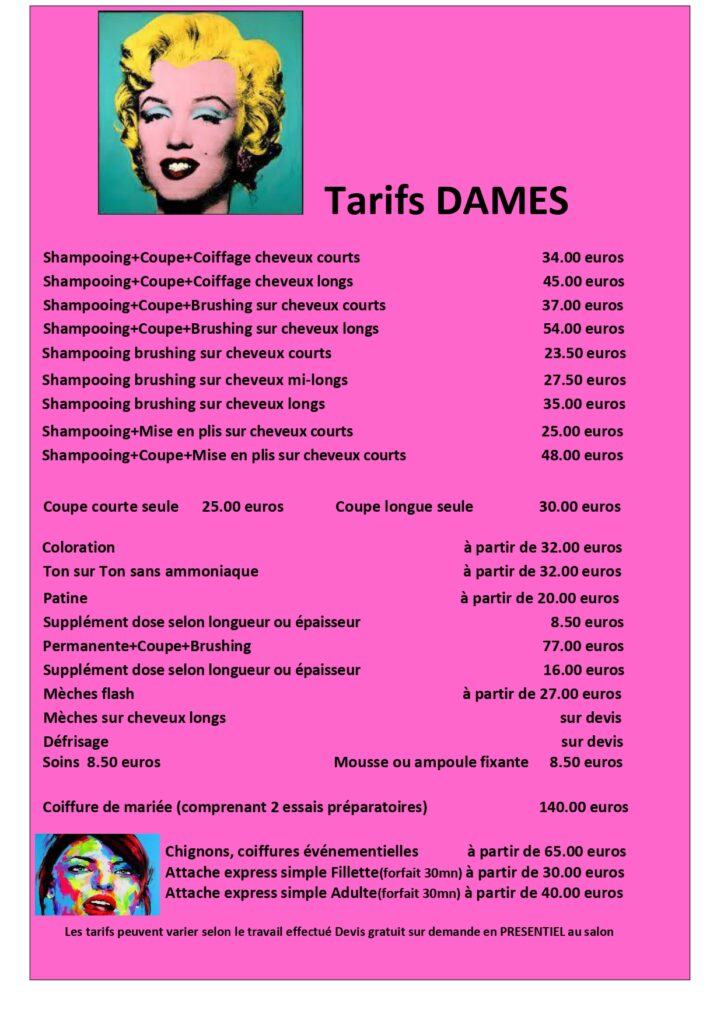 tarifs salon de coiffure pop art septfonds