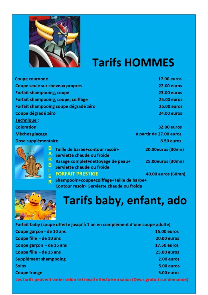 tarifs salon de coiffure pop art septfonds